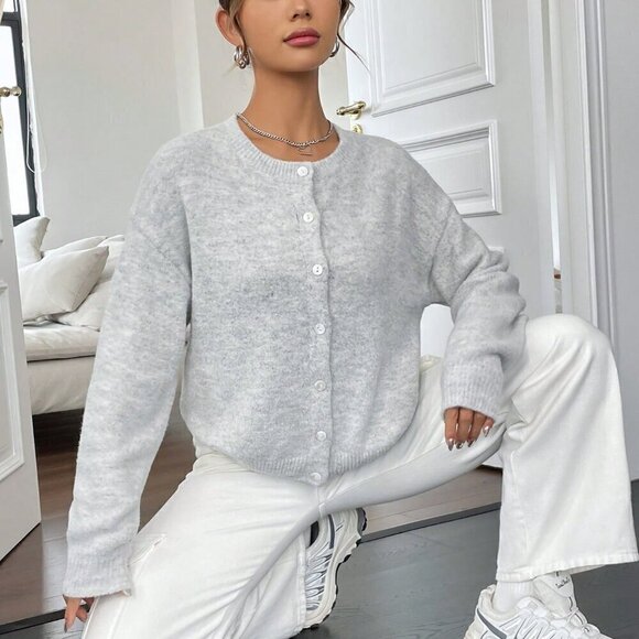 Grey Casual Women's Drop Shoulder Button Front Cardigan - Picture 7 of 7